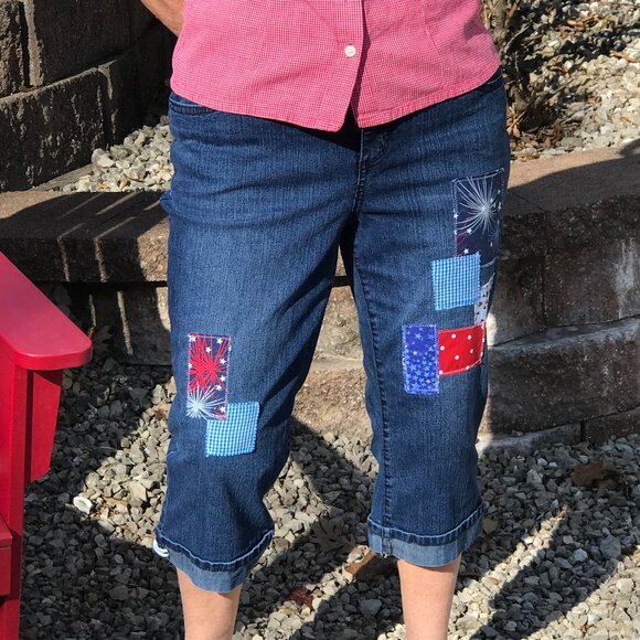 Upcycled Patchwork Jean Capris: Patriotic Theme Cropped Pants 4th of July, 12P - Picture 9 of 12